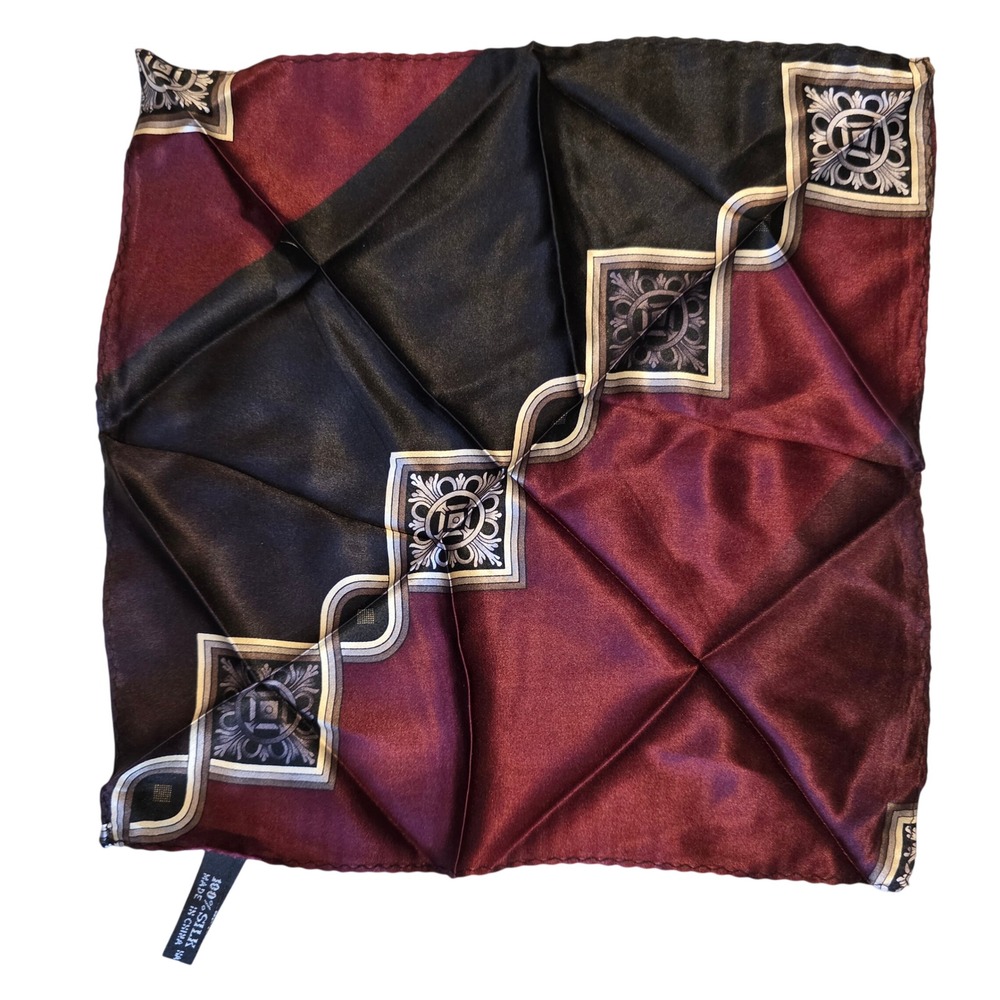 Vintage 90s Silk Pocket Square Burgundy Black Hand Rolled Hem Scarf